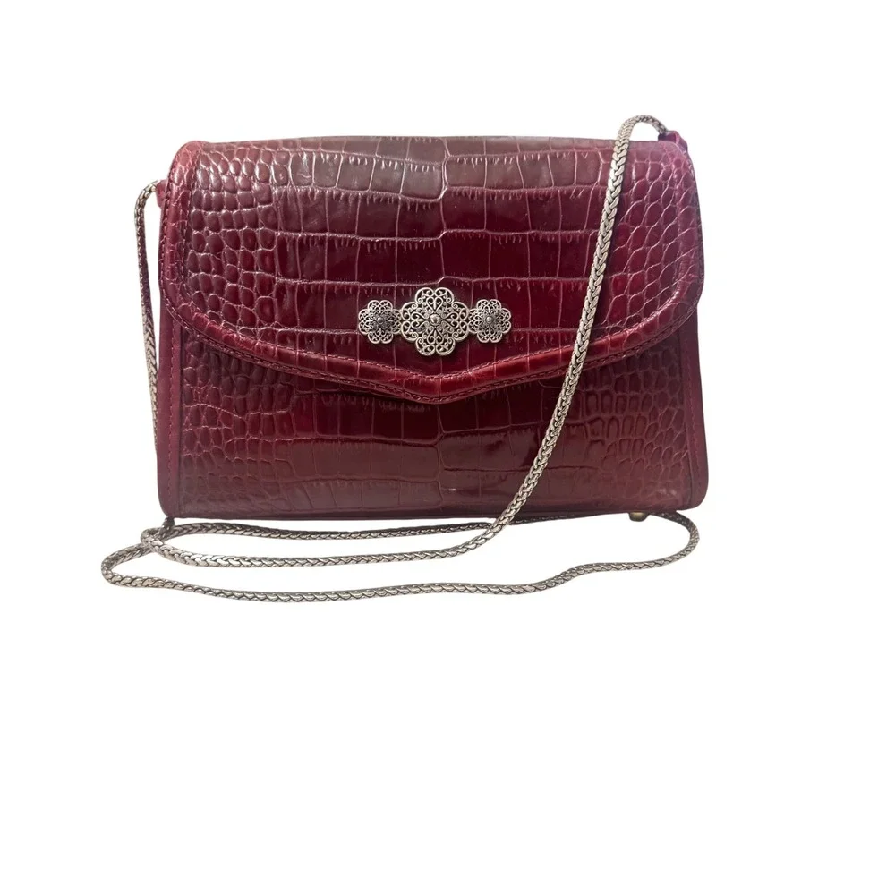 Brighton‎ Crossbody Bag Womens Small Burgundy Croco Leather Excellent Filigree